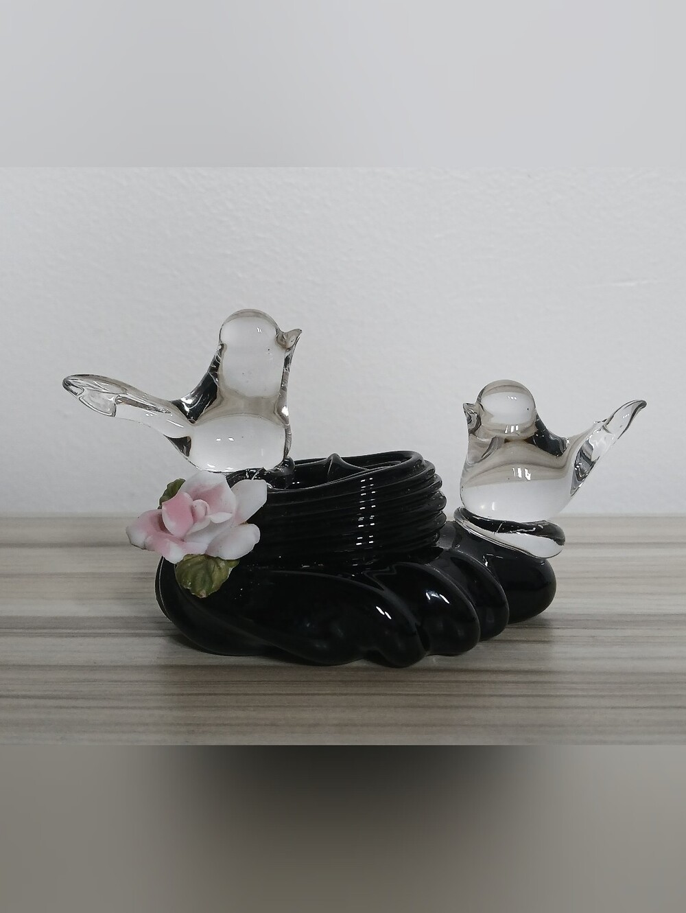 Vtg Blown Glass Love Birds on Black Glass Branch With a Porcelain Flower Taiwan